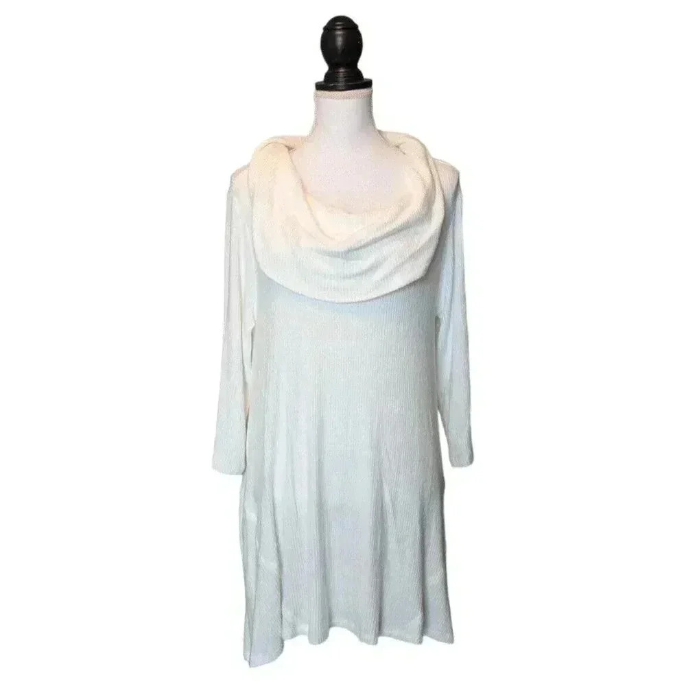 Last Tango Ivory Ribbed Cowl Neck 3/4 Sleeve Tunic Top New One Size Brushed
